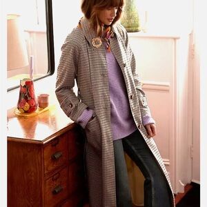 Anthropologie Oversized Houndstooth Trench Coat Jacket Longline Belted